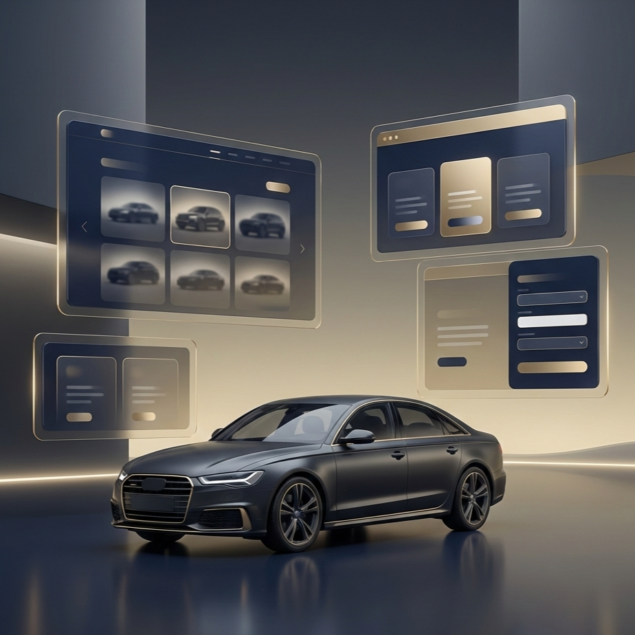 mockup ui ux website rental mobil profesional dengan tampilan armada mobil showroom