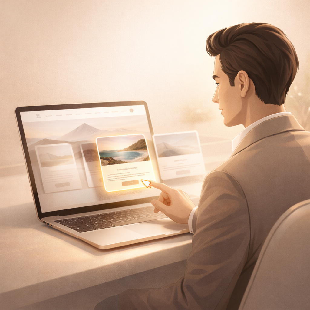 ilustrasi pelanggan memilih paket wisata melalui website travel profesional