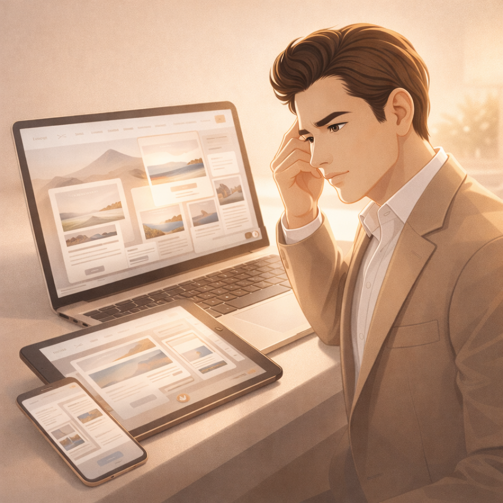 ilustrasi pelanggan bingung mencari paket wisata karena website travel tidak terstruktur