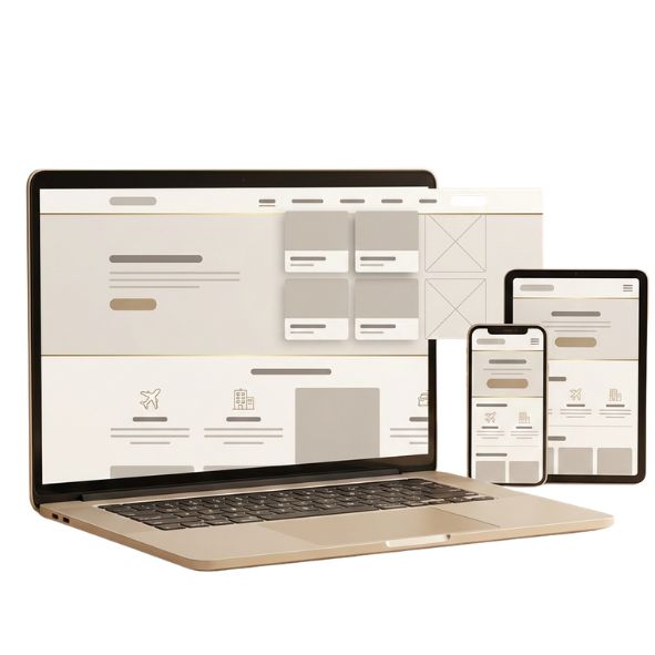 mockup website travel dan tour profesional yang responsif di laptop tablet dan smartphone
