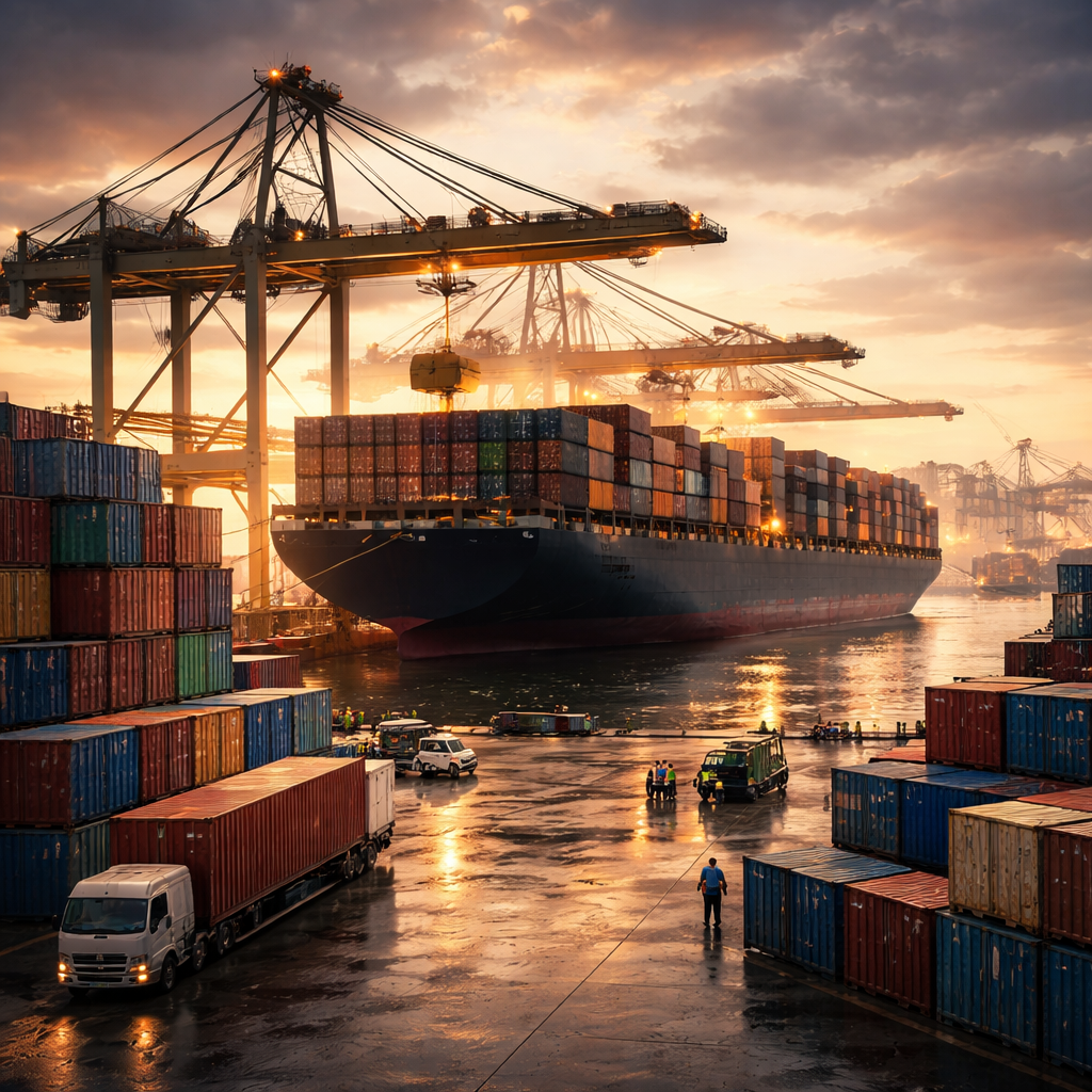 ilustrasi kapal kontainer sebagai simbol website bisnis ekspor internasional